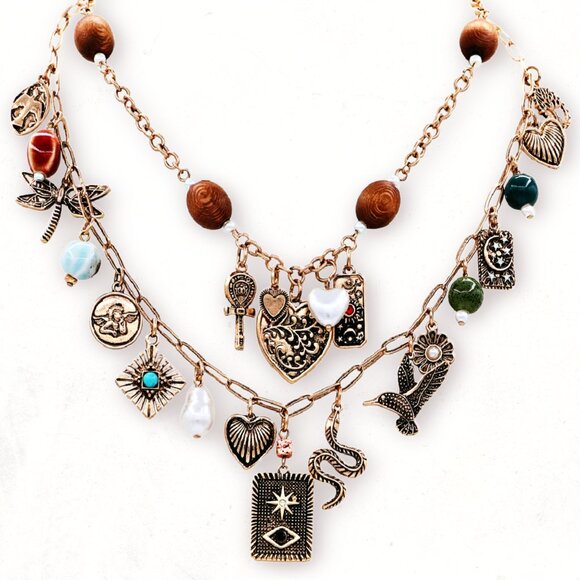 Love Luck + Faith Guardian Angel Heart Evil Eye Wood Beaded Charm Layer Necklace - Picture 7 of 9